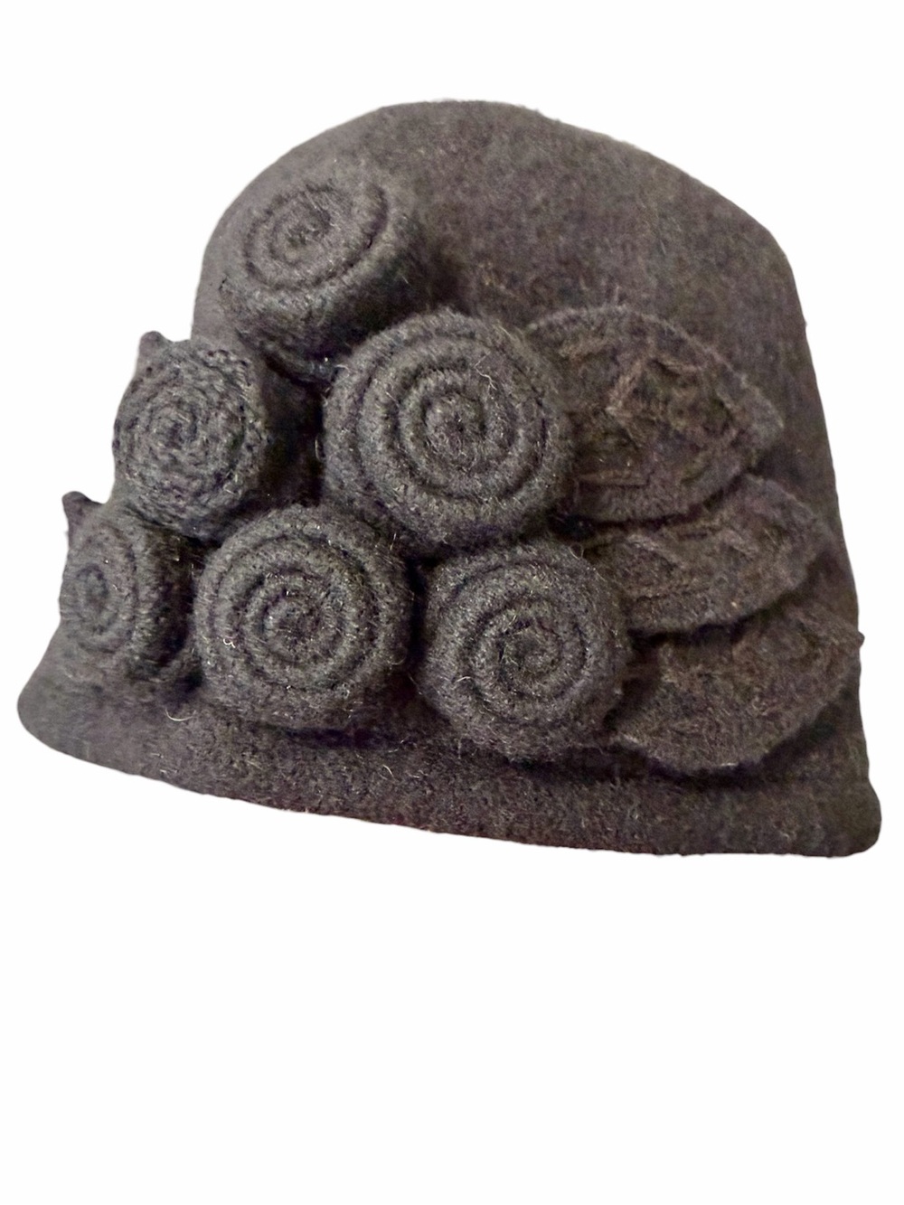 C.C. Exclusives Wool Cloche Hat rosette/flower style 100% Wool Black